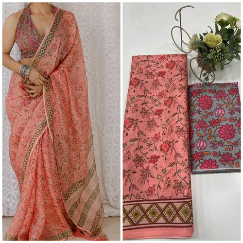 Soft Munga Kota Cotton Checks Saree with Beautiful Prints & Contrast Blouse